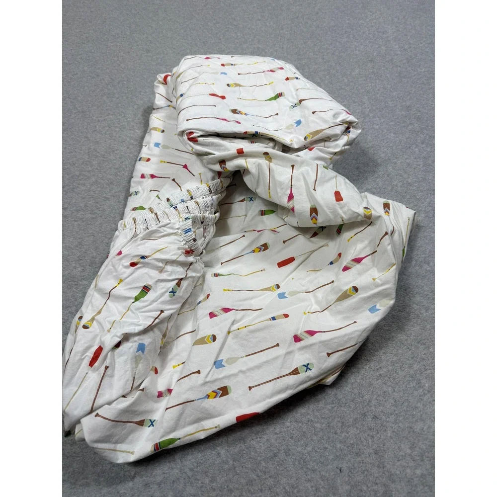 Pottery Barn Full Fitted Sheet 100% Organic Cotton Oar Paddle Print White Multi